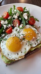 Delicious breakfast featuring sunny-side-up eggs, fresh tomatoes, and arugula salad on whole grain toast