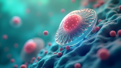 Microscopic View of Cell with Red Nucleus on Textured Surface