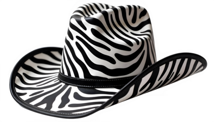 A stylish cowboy hat with a black and white zebra pattern, representing individuality. The bold design offers a modern twist on a classic accessory, transparent backgrounds