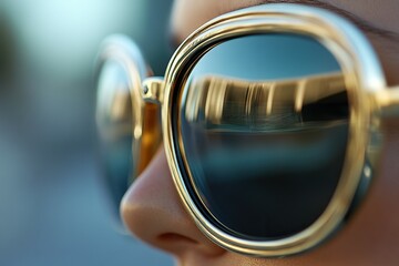 Golden Sunglasses Reflecting a Structure, Close-up View
