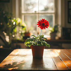 red flowers on the wooden table