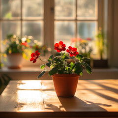 red flowers on the wooden table