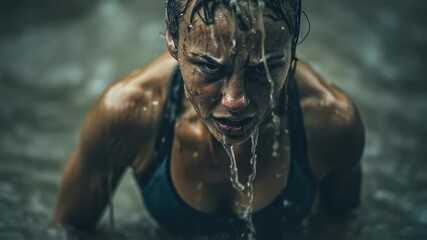 Powerful footage of determined woman emerging from water. symbol of strength, resilience, overcoming obstacles