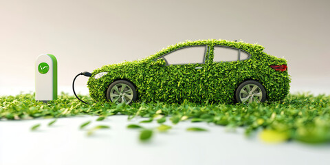 Green car charging at station, excited about sustainability and future