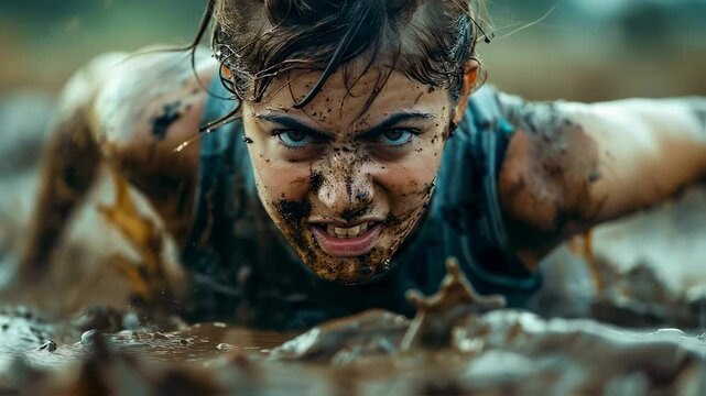 Close-up of determined woman crawling through mud. She faces obstacle course, dirt and resilience are visible