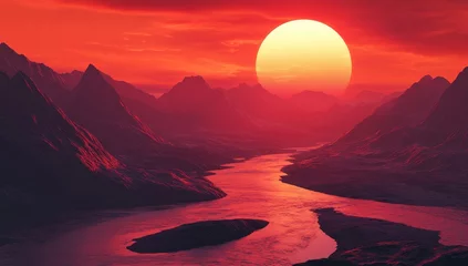 Foto op Aluminium Epic sunset over a fiery river valley.  Mountains rise dramatically around a winding river.  Vibrant colours fill the sky and landscape © Abdul