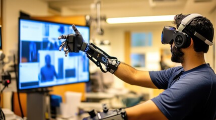 A biomedical engineer optimizing AI driven rehabilitation devices for stroke recovery, high-tech rehabilitation center with real-time patient progress tracking, High-tech style