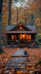 A cozy cabin nestled in a beautiful autumn colored forest setting
