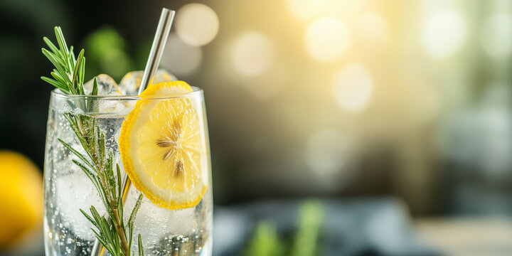 Clear cocktail glass close up detail full of sparkling gin and tonic arranged with lemon slice, ice and rosemary. Refreshing summer alcoholic drink with straw.
