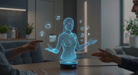 Holographic virtual assistant interacting with the user.