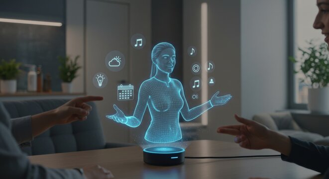 Holographic virtual assistant interacting with the user.
