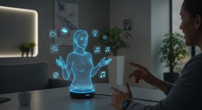 Holographic virtual assistant interacting with the user.