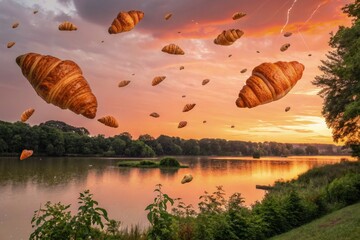 Croissants Fall From a Colorful Sky Over Tranquil Water Generative AI
