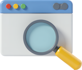 3D Browser Window with Magnifying Glass, Search Icon. Transparent background.