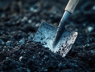  Shovel breaks rich dark soil, close-up shows clumps falling, wood handle and sunlight highlight moist earth texture in natural outdoor digging scene.