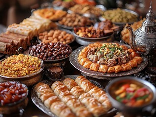 Obraz premium Arabic meal with sweets and tea includes shawarma, maqluba, baklava, maamoul, stuffed dates, and Moroccan-style tea in ornate cups and silver teapot.
