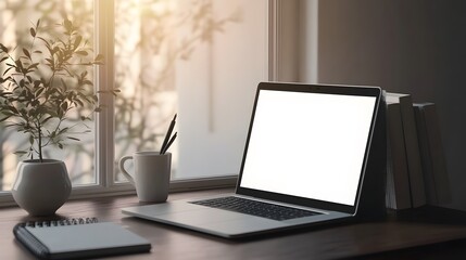 Fototapeta premium Cozy Home Workspace with Laptop and Coffee Mug by the Window