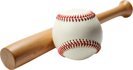 Baseball & Bat Still Life, Red Stitching, Transparent Background.