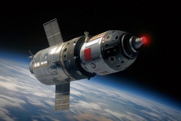 Spacecraft maneuvering skillfully near a space station, with Earth prominently visible in the background, showcasing the vastness of outer space