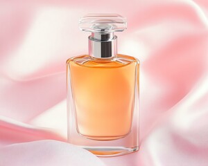 A beautifully designed perfume bottle stands elegantly on soft, pink satin fabric, capturing the essence of luxury and femininity.