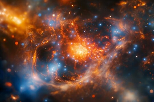 Swirling orange and blue gases and stars surround a supermassive black hole in deep space