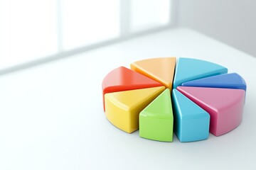 Obraz premium Colorful pie chart pieces representing data analysis and statistics on a clean table.