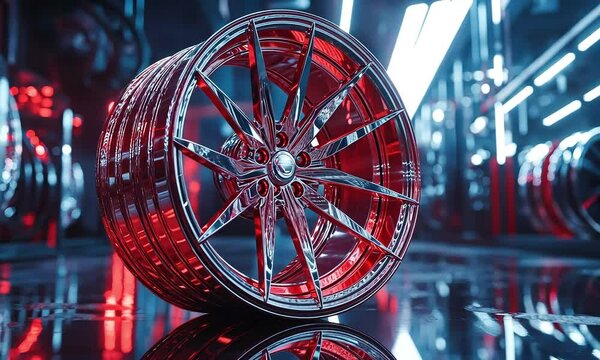 Sleek red and chrome alloy wheel, futuristic display