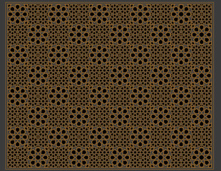 Islamic ornament
Intricate geometric lattice design with symmetrical interlocking patterns inspired by Islamic art, featuring ornate circular and square motifs in a golden hue against a dark backgroun