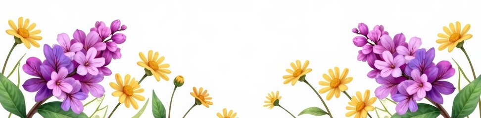 Obraz premium Delicate purple lilacs and yellow daisies painted with soft watercolors on a clean white backdrop, vibrant, artistic