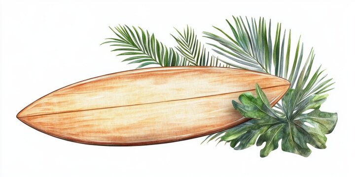 3D render of wooden surfboard by palm in clipart style