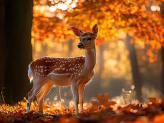  Spotted deer in golden autumn forest, glowing foliage and warm tones frame elegant wildlife pose in seasonal woodland beauty.