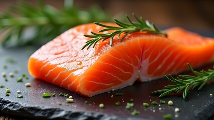 Fresh Salmon Fillet with Rosemary Sprigs on a Dark Slate Plate. Macro Shot