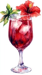 Cold hibiscus tea glass clipart in watercolor style
