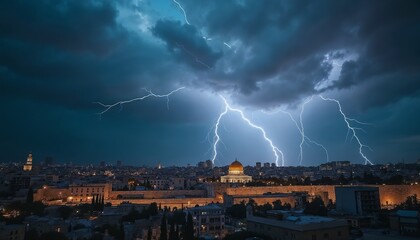 Dramatic lightning strike over Jerusalem's skyline at night, showcasing historical architecture.