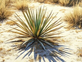 Naklejka premium Yucca Plant Thriving in Arid Desert Landscape with Long Shadows