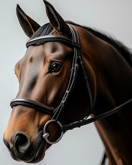 A close-up portrait of a stunning brown horse wearing a bridle, showcasing its intelligent eyes and sleek mane. Perfect for equestrian themes or animal photography.