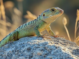 Obraz premium Green striped lizard perched on rock in sunlit dry field, alert posture, vivid skin tone, desert habitat in soft focus. 