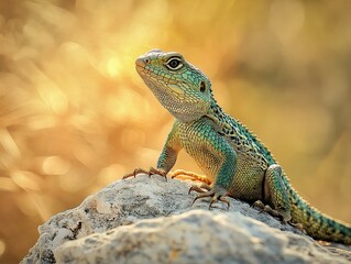  Lizard on sunlit rock, green and bronze scales shimmer, claws grip rough surface, soft blur behind with dry grass and stones enhances natural contrast.