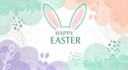 Abstract Easter themed banner design with soft pastel tones, playful bunny ears and Happy Easter lettering quote
