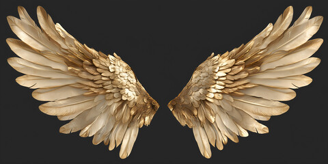 Elegant pair of gold wings and feathers isolated, symbolizing freedom, luxury, and artistic beauty.