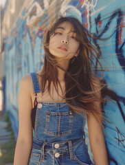 Naklejka premium Exuding cool confidence, a young woman with black hair in denim overalls stands boldly against a graffiti covered wall, matching the urban, artistic setting.