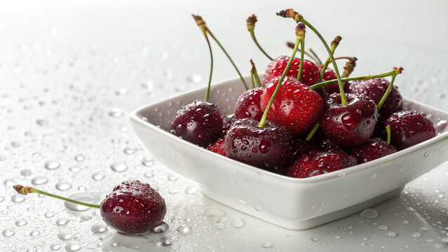 Cherries on a white, rectangular plate