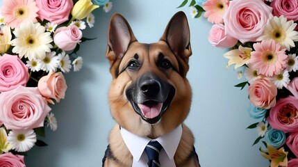 Funny German Shepherd wearing business suit surrounded by colorful flowers