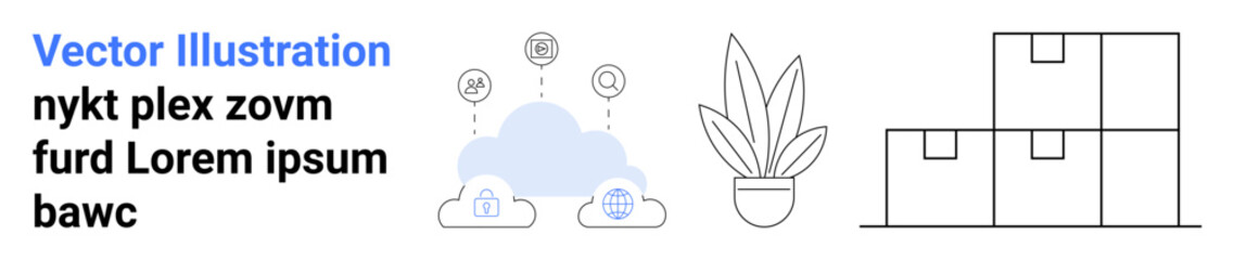 Cloud connectivity icons near data storage, potted plant for decor, stacked boxes for logistics. Ideal for tech, storage, workspace, shipping, organization, e-commerce flat landing page banner
