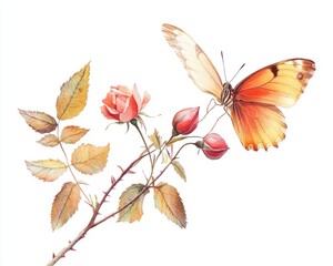Butterfly on wild rosehip with vibrant colors on white