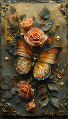 A decorative relief featuring a butterfly amidst roses and leaves.