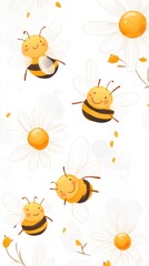 Fototapeta premium happy bees with daisies in swirling petals
