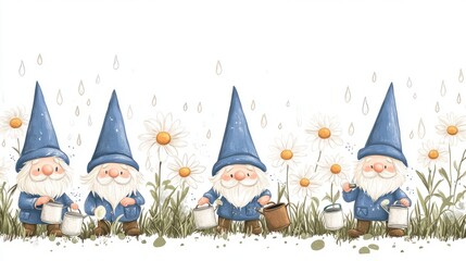 Obraz premium Cozy garden scene 6 gnomes caring for daisies 