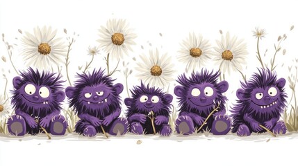 Playful flat  six warty trolls with daisies