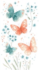 Elegant flat  6 butterflies with teal and coral wings